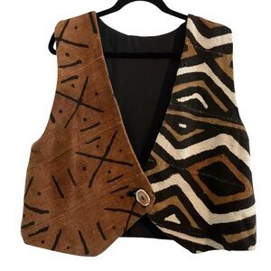 VINTAGE Mud Cloth Abstract Ethnic Print Vest Lagenlook Artsy Bohemian Batik